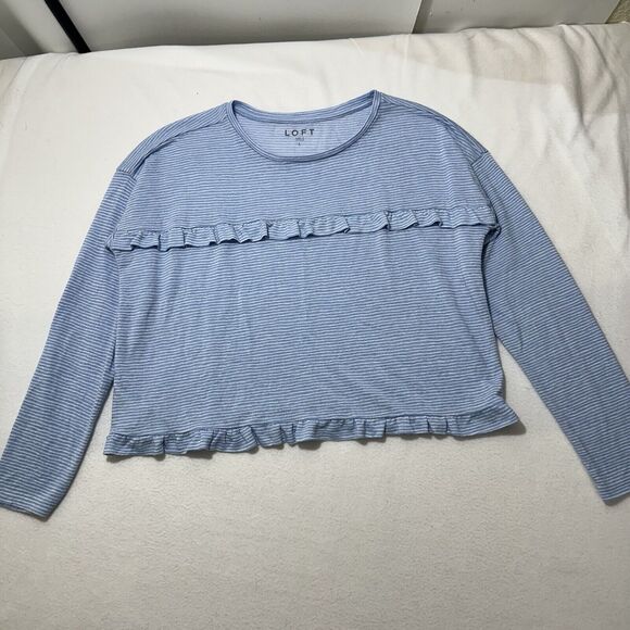 LOFT Tops - Ann Taylor LOFT Women's Large Blue White Striped Long Sleeve Ruffle T Shirt
